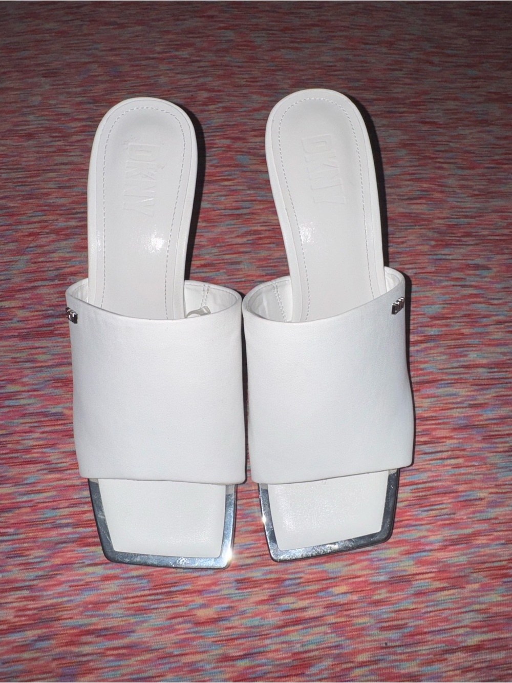 DKNY White Leather Slide Sandals with Silver Square Trim